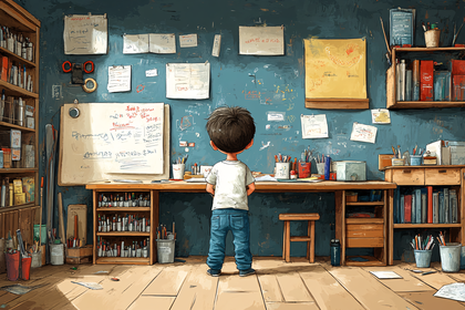 Child Staring at Wall of Drawings