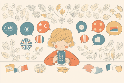 Child Using Phone with Speech Bubbles and Flora
