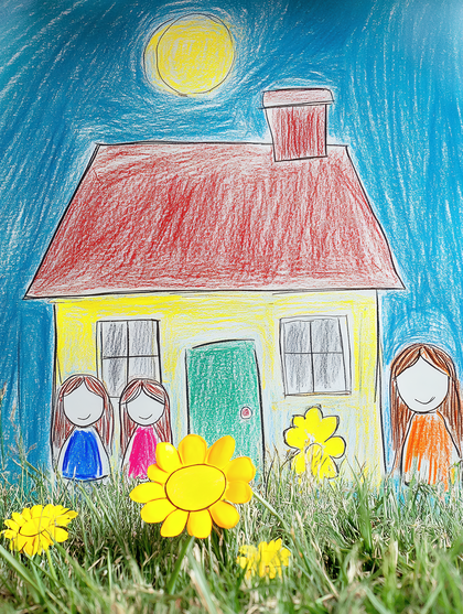 Childlike Drawing Of House With Figures And Flowers