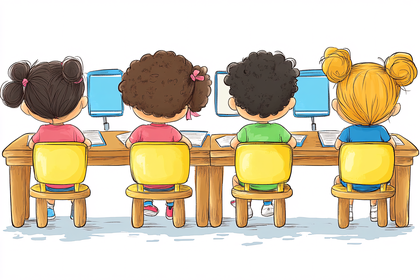Free Download Cartoon Children Learning Computers in Classroom