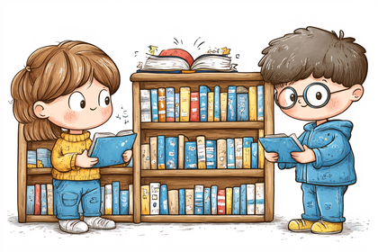 Children Reading Books By Bookshelf