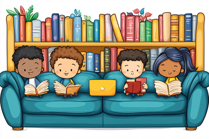 Children Reading on Sofa by Bookshelf