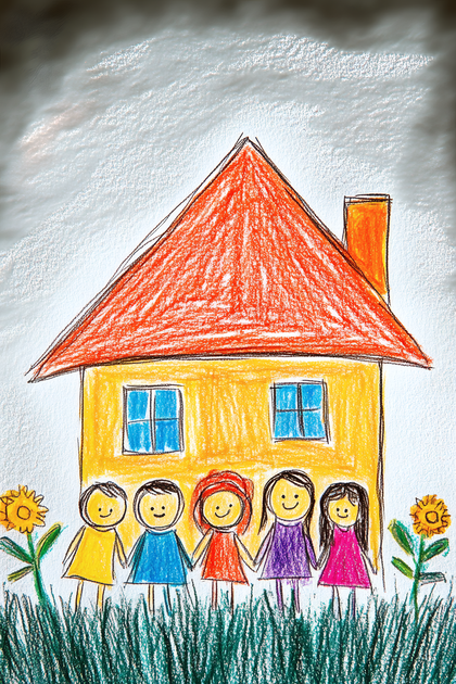 Happy Family Home Childlike Crayon Drawing