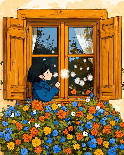 Child Blowing Dandelion by Window with Colorful Flowers and Wooden Shutters