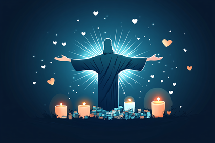 Christ Blessing with Hearts and Candles Vector Illustration