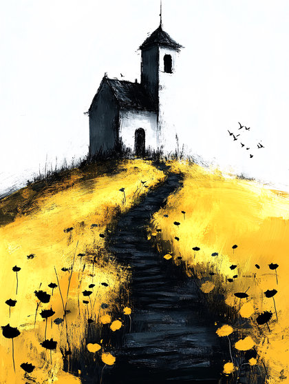 Church On A Hill In Yellow Field