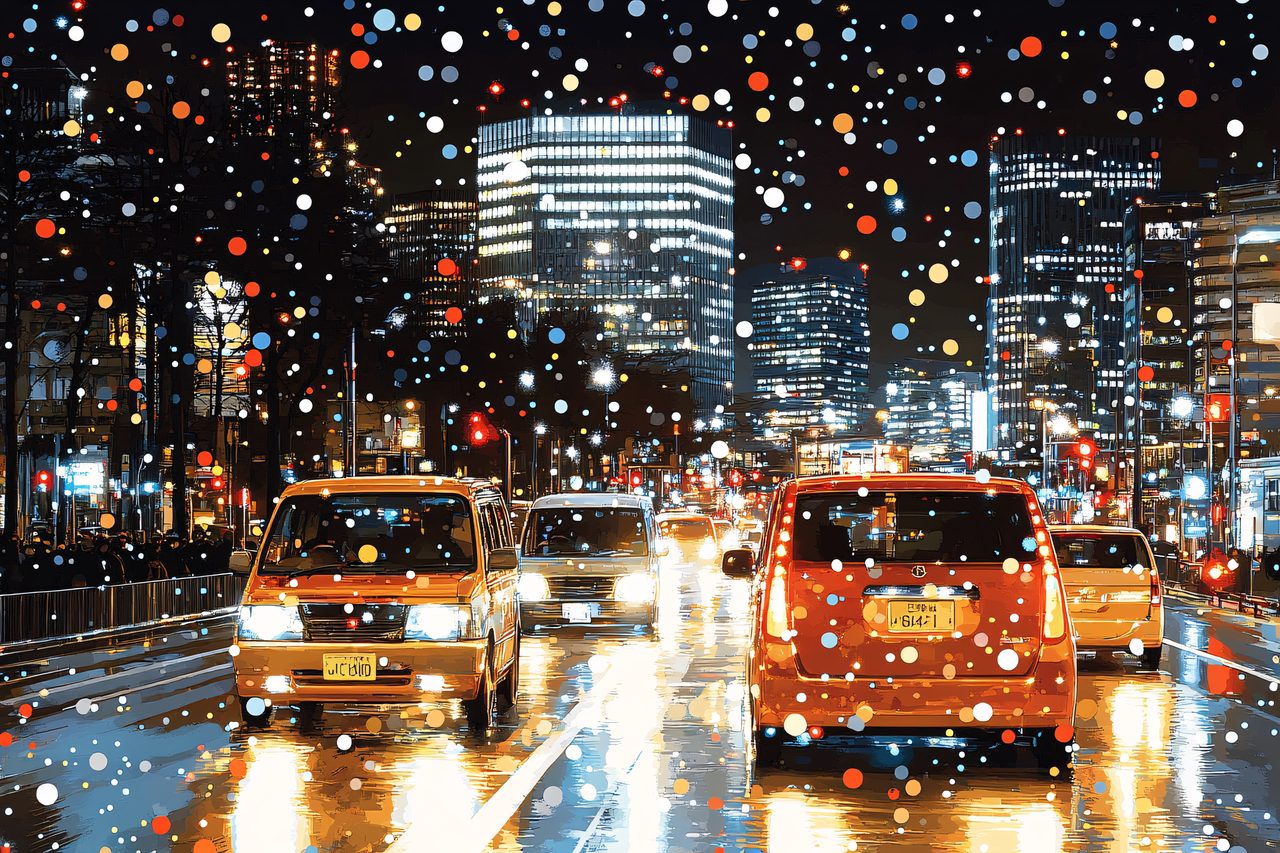 Wet City Street at Night with Traffic and Bokeh
