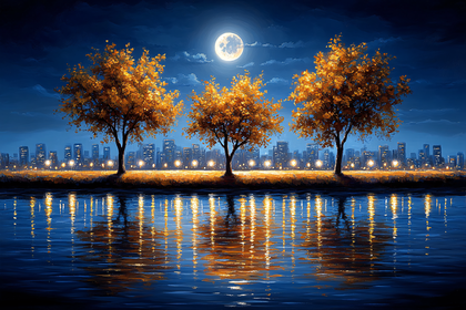 City Lights Reflected on Water Under Moonlight