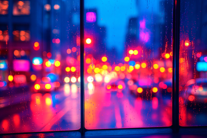 City Lights Through Wet Window