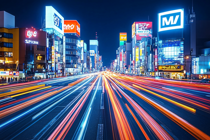 City Street at Night with Light Trails