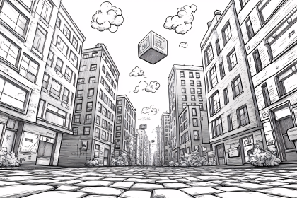 City Street Scene with Floating Cube Illustration