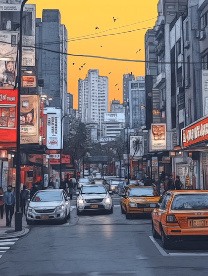 City Street Scene With Yellow Sky
