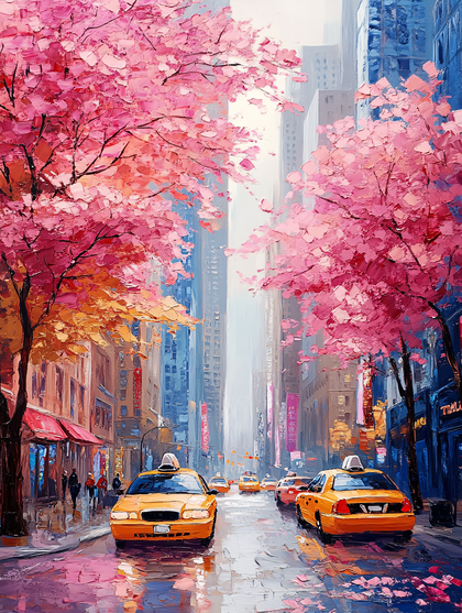 City Street With Cherry Blossoms And Taxis Painting