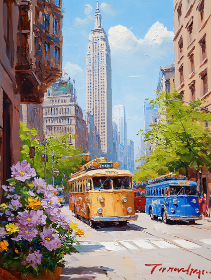 City Street With Vintage Buses Painting