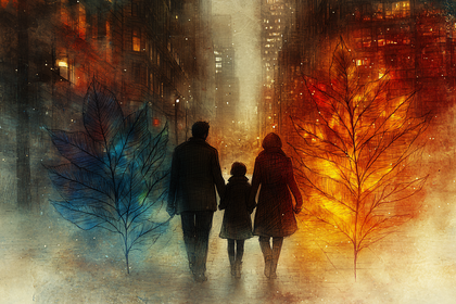 City Walk With Family And Symbolic Leaves