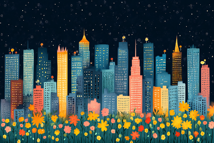 Cityscape at Night with Flowers