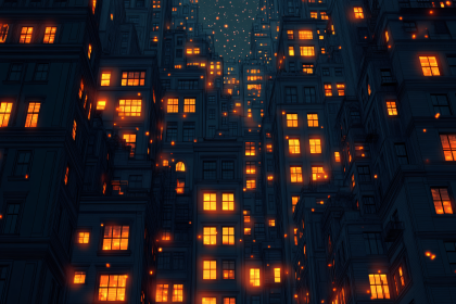 Cityscape At Night With Glowing Windows