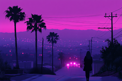Cityscape At Night With Palm Trees And Silhouette Figure