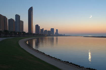 Cityscape At Twilight With Crescent Moon