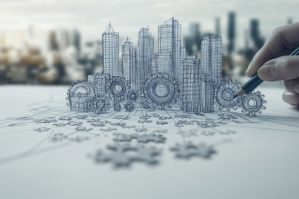 Cityscape Blueprint with Gears and Puzzle Pieces