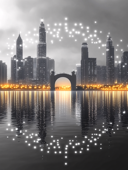 Cityscape Night With Abstract Lights Reflection
