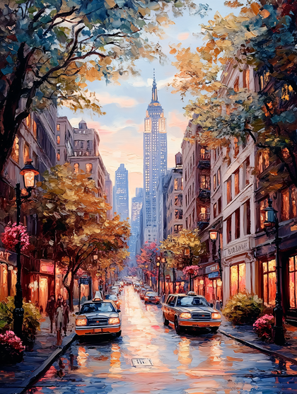 Cityscape Painting of New York Street at Dusk