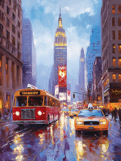 Cityscape Painting of New York Street with Empire State Building
