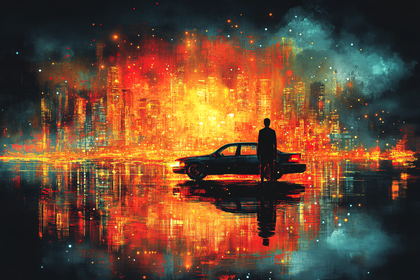 Cityscape Reflection with Man and Car