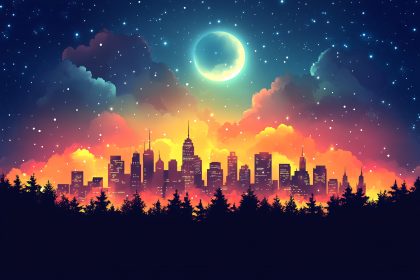 Cityscape Silhouette Under Moonlight