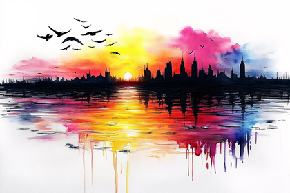 Cityscape Sunset Watercolor Painting