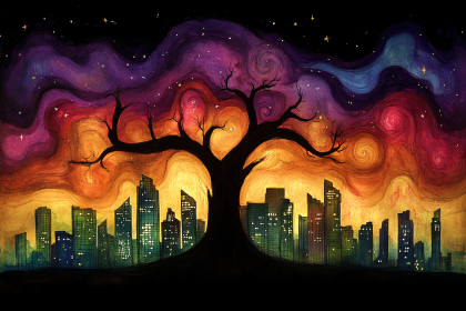 Cityscape Under Cosmic Tree