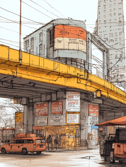 Cityscape Under Elevated Bridge