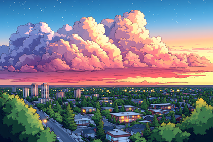 Cityscape Under Pink Sunset Clouds