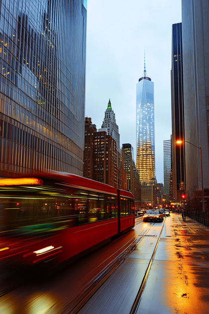 Cityscape with Moving Train and Skyscrapers