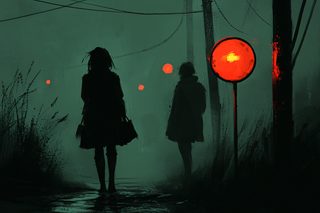 Cityscape With Silhouetted Figures And Traffic Lights