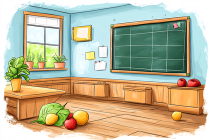 Classroom Scene With Blackboard And Fruits