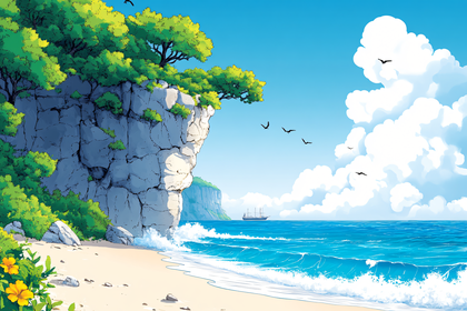 Cliffside Beach with Sailing Ship