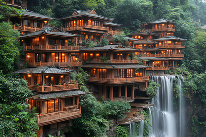 Cliffside Wooden Village With Waterfall