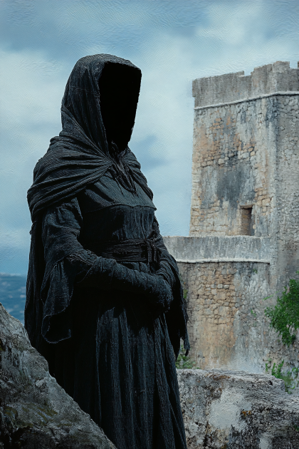 Cloaked Figure At Ancient Castle