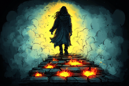 Cloaked Figure On Burning Stairs