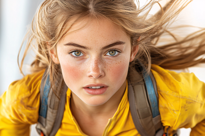 Close-up of a Freckled Woman with Wind-blown Hair