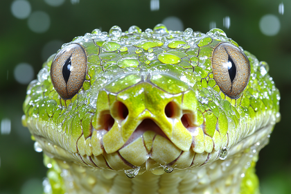 Close Up Of Green Snake Head With Water Droplets