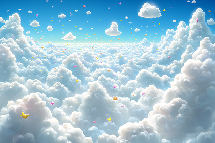 Cloudscape with Floating Shapes