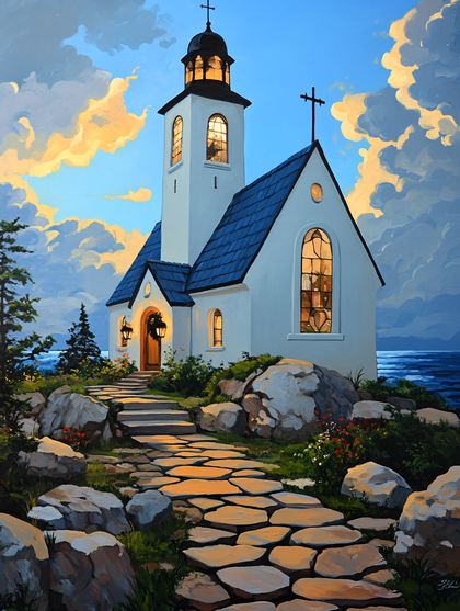 Coastal Church at Dusk