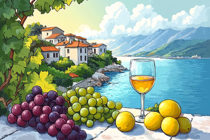 Coastal Italian Vista with Wine and Fruits
