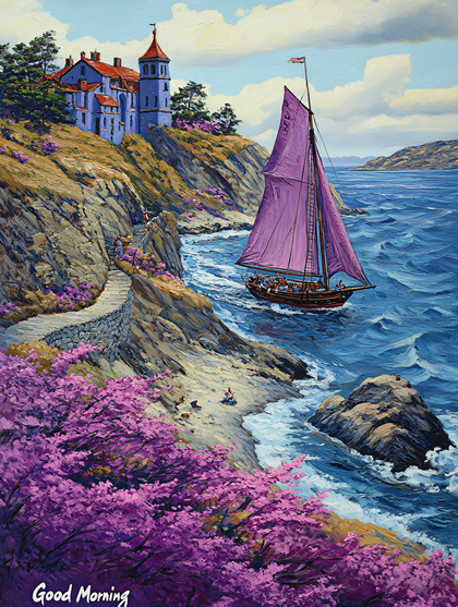 Coastal Scene With Sailboat And Cliffside House