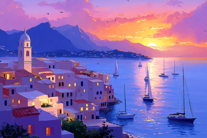Coastal Sunset Vista With Sailboats