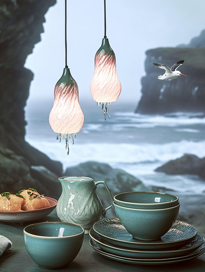 Coastal Table Setting with Hanging Lamps