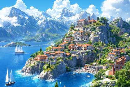 Coastal Town on Cliffside with Mountain Backdrop