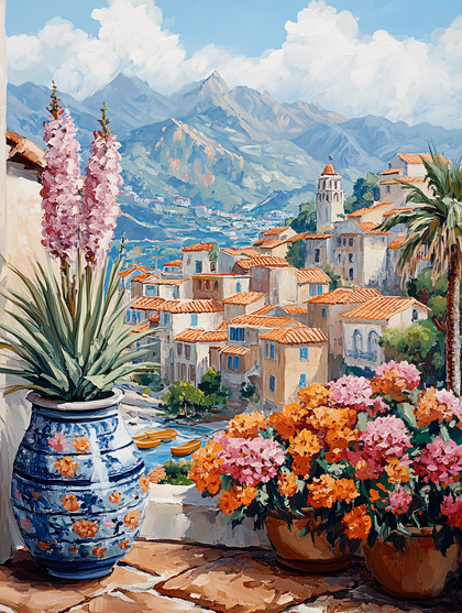 Coastal Town Vista with Floral Pots